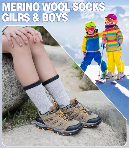 Vista 3 de DOSKONI Calcetines de senderismo de lana merino para niños y niñas, para invierno, cálidos, gruesos, térmicos, calcetines de regalo, 6 pares