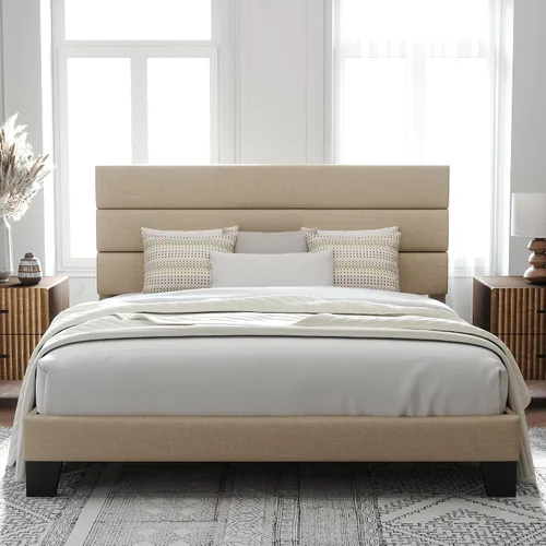 Vista 38 de Allewie Base de cama de plataforma de tamaño individual con cabecera tapizada de tela y soporte de listones de madera, base de colchón totalmente