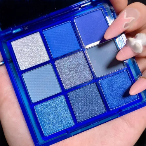 Vista 9 de Paleta de sombra de ojos azul, 9 colores, Mardi Gras Carnival prensado pigmento con purpurina, paleta de sombra de ojos impermeable, paleta
