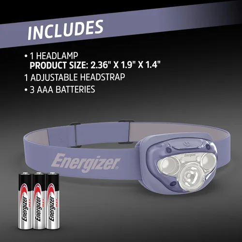 Vista 6 de Energizer Vision HD + LED - Linterna frontal color morado, luz LED para emergencias, exteriores o como luz de trabajo, incluye baterías, paquete