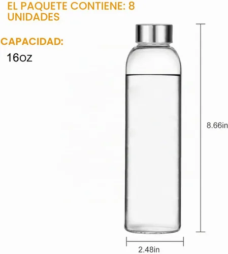 Vista 2 de Botellas de agua de vidrio, botella de vidrio de 16 onzas con tapa de acero inoxidable a prueba de fugas, botellas de jugo reutilizables, botellas