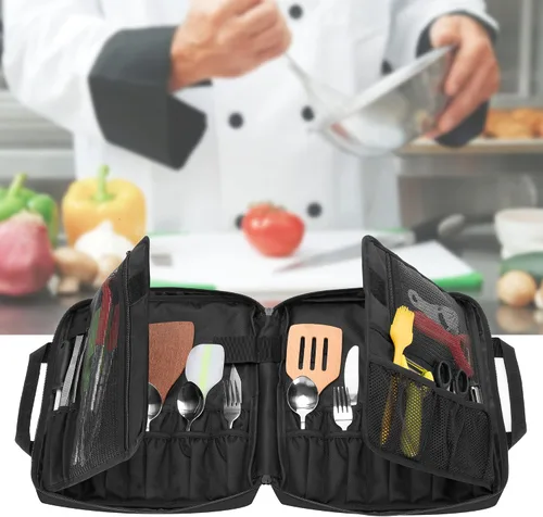 Vista 7 de samdew Bolsa para cuchillos de chef con más de 20 ranuras, estuche de almacenamiento de chef profesional con orificio de bloqueo y múltiples