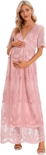 Vista 2 de ZIUMUDY Vestido de novia de maternidad con cuello en V y encaje floral de manga corta para sesión de fotos, baby shower