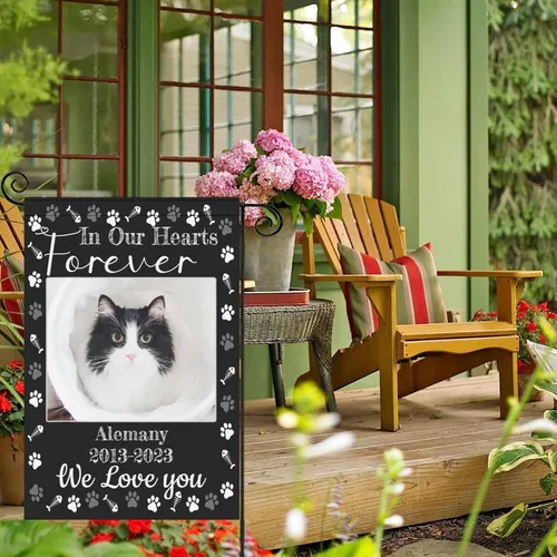 Vista 4 de Bandera conmemorativa personalizada, banderas de jardín personalizadas para mascotas y gatos, en memoria amorosa con nombre y foto, fecha para patio