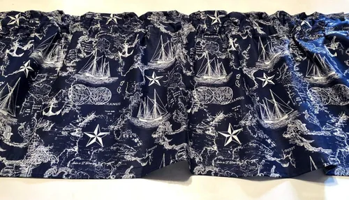 Vista 3 de Navy Blue Nautical Map Valance 42" Wide and 14" Long Cotton Curtain