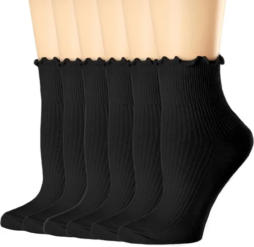 Vista 10 de Mcool Mary Calcetines con volantes para mujer, lindos calcetines de tobillo cálidos de invierno, de algodón de punto ondulado, paquete de 6 1 verde