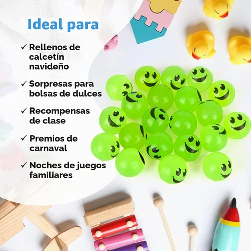 Vista 6 de ArtCreativity 36 bolas hinchables verdes con cara sonriente que brillan en la oscuridad, paquete a granel de 36, bolas de rebote de 1 pulgada
