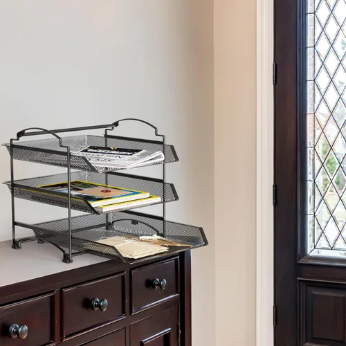 Vista 4 de SimpleHouseware Organizador de documentos y cartas para escritorio, apilable de tres niveles, negro