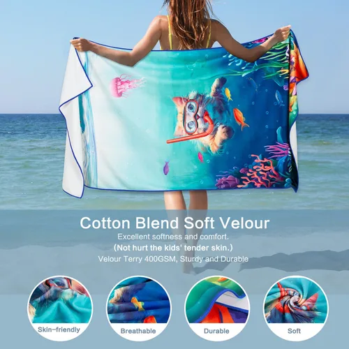 Vista 2 de Vimorco Toalla de playa para gatos, divertida toalla de playa con diseño de delfín y medusas, mezcla de algodón, toalla de campamento de terciopelo