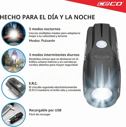 Vista 3 de CECO -Estados Unidos: Luz de bicicleta recargable USB de 1.200 lúmenes - Resistente y duradera IP67 impermeable y resistente a los impactos FL-1