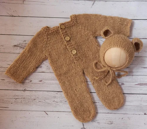 Vista 2 de Accesorios de fotografía para recién nacidos trajes para niños y niñas gorro de oso de angora y mameluco con pies conjunto de disfraz para sesión