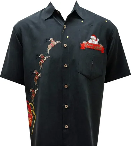 Vista 2 de Bamboo Cay Camisa de Navidad con botones bordados de Papá Noel para hombre