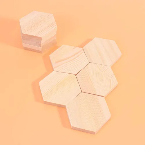 Vista 7 de Tablón en forma de T, 10 bloques de madera de pino hexagonal, decoraciones de bricolaje y tablones de manualidades