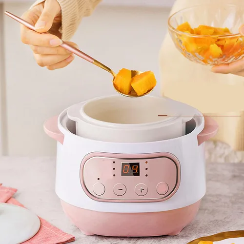 Vista 3 de Jiawu Olla eléctrica para estofado, olla arrocera digital de 200 W 1 L con tapa, pequeña olla de cerámica con temporizador integrado, hace sopas