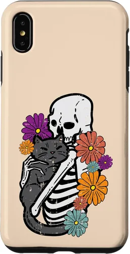 Vista 7 de iPhone 15 esqueleto abrazando flores de gato negro Halloween mujeres niñas caso