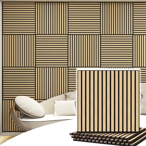 Vista 9 de 4 piezas de paneles acústicos de listones de madera, panel de pared de madera acanalada 3D absorbente de sonido para pared y techo, paneles Nogal