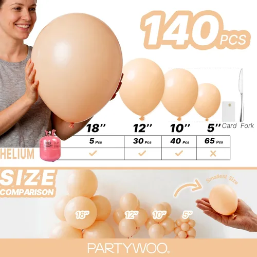 Vista 6 de PartyWoo - Globos nude de 140 piezas en diferentes tamaños de 18, 12, 10, 5 pulgadas, kit de arco de globos de color neutro y melocotón estilo boho