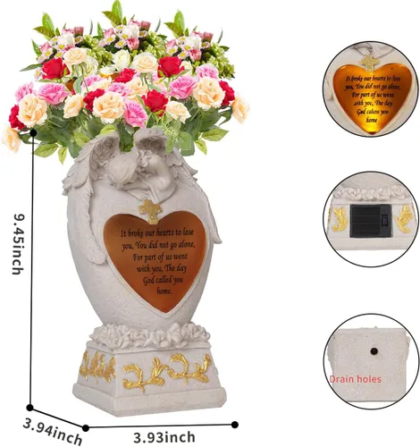 Vista 2 de Decoraciones de cementerio para tumba, ángel de jardín, luces solares, estatua conmemorativa familiar, regalo funerario, jarrón LED, ángel llorando