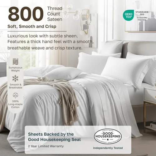 Vista 2 de California Design Den Juego de sábanas de lujo tamaño Queen, 800 hilos, 100% satén de algodón para cama tamaño Queen, juego de ropa de cama con Beige