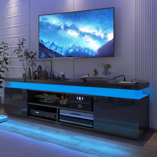 Vista 14 de Hlivelood Soporte de TV LED para TV de 75 pulgadas, moderno soporte de TV con toma de corriente, consola de TV de alto brillo con almacenamiento