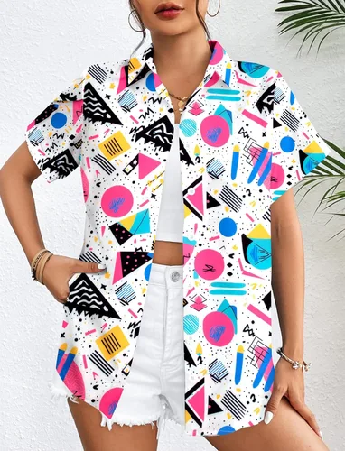 Vista 2 de Trajes de los años 80 para mujer, camisa de neón de los años 80 y 90, camisa retro para fiesta temática de discoteca, camisa hawaiana con botones