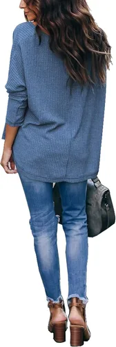 Vista 4 de iGenjun - Suéter casual con cuello en V, hombros descubiertos, mangas de murciélago, sin botones, para mujer Azul