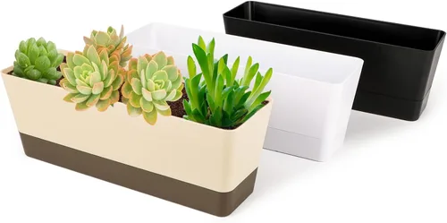Vista 8 de GREANER Maceteros de hierbas de 12 x 3.8 pulgadas, 1 paquete de cajas rectangulares con bandeja, maceta de plástico para suculentas