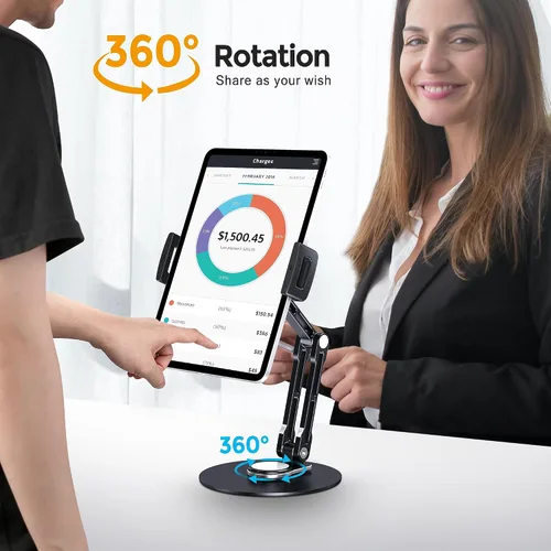 Vista 2 de Soporte para tableta para iPad, ajustable con base giratoria de 360 grados para escritorio, soporte giratorio de aluminio para tableta compatible