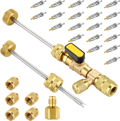 Vista 10 de Herramienta de extracción de núcleo de válvula HVAC WADEO, removedor de núcleo de válvula con 10 núcleos de válvula, 5 tuercas de latón y 2