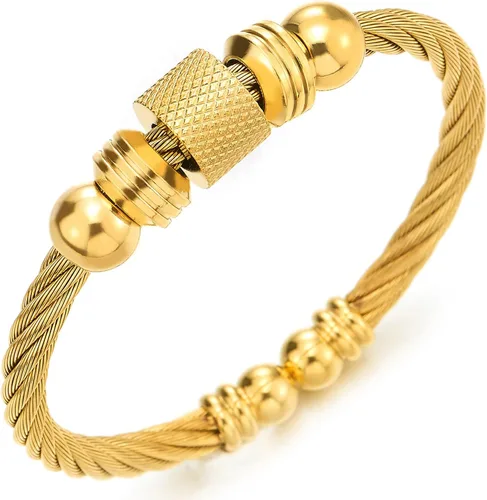 Vista 2 de Brazalete de acero trenzado para hombres y mujeres con abalorios de cuentas, pulido ajustable Color del metal: oro