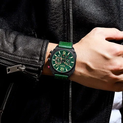 Vista 5 de KAIGOPAW Reloj de cuero para hombre cuadrado multifunción cronógrafo cuarzo impermeable a la moda