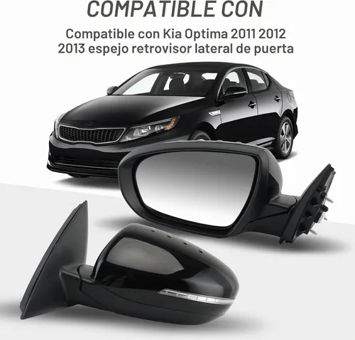 Vista 6 de Espejo lateral del conductor compatible con espejos Kia Optima 2011 2012 2013 con luz intermitente, vidrio eléctrico, plegado manual, repuesto Negro