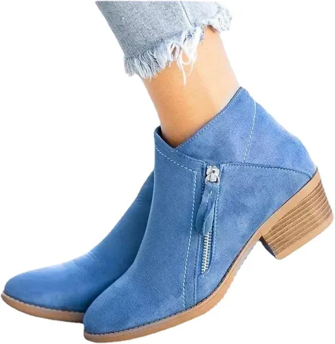 Vista 6 de Botas para mujer, botines de tobillo 2022, a la moda, de otoño, con cremallera lateral, punta puntiaguda, bloque grueso, tacón medio, liso, casual