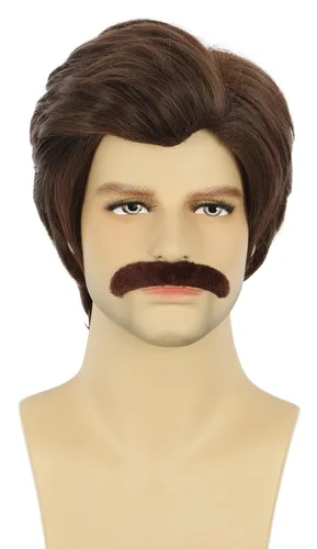 Vista 6 de karlery 3 piezas de peluca corta ondulada marrón con collar, bigote de los años 70 y 80, peluca de cantante de disco hippie California para fiesta