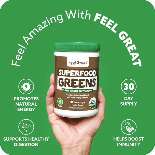 Vista 3 de USDA Organic Super Greens - Mezcla de jugo y polvo - Sabor a chocolate moca - Probióticos y enzimas digestivas para apoyar la salud intestinal
