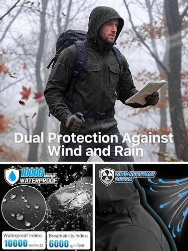 Vista 3 de FREE SOLDIER Chaqueta impermeable Softshell con forro polar para hombre, chaqueta táctica militar con capucha rompevientos Negro