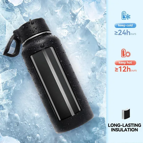 Vista 5 de Neihepal Botella de agua aislada de 32 onzas con 2 tapas (tapa con pajilla y boquilla), botellas de agua de doble pared de acero inoxidable 18/8