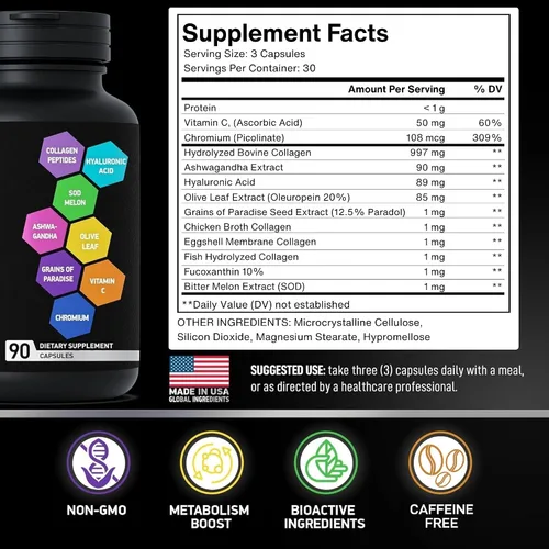 Vista 4 de Quemadura de colágeno múltiple para mujeres y hombres, 1,000 mg tipo I, II, III, V, X, péptidos de colágeno hidrolizados, ácido hialurónico