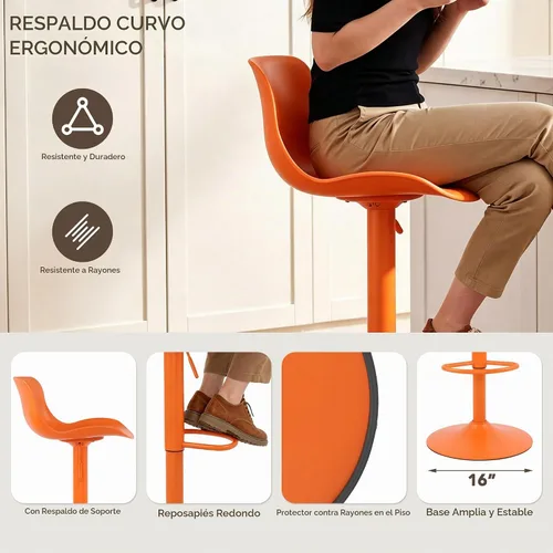 Vista 3 de LSSBOUGHT Taburetes de bar, taburetes de bar giratorios de altura de mostrador con respaldo de carcasa de plástico, sillas de bar ajustables Naranja