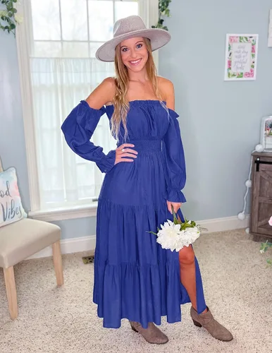 Vista 5 de ZESICA - Vestido largo, bohemio y sexy, con hombros descubiertos y manga larga fruncida, con elástico fruncido, cintura alta y abertura lateral