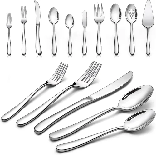 Vista 9 de LIANYU Juego de cubiertos resistentes de 26 piezas con utensilios para servir, juego de cubiertos de acero inoxidable para 4, cubiertos gruesos