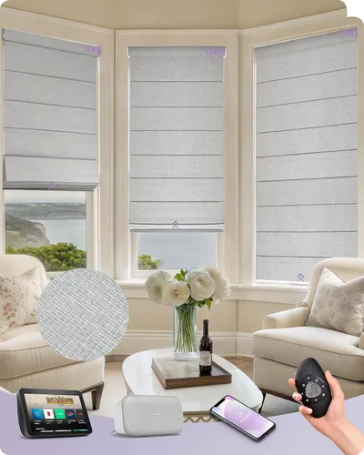 Vista 32 de Graywind Persianas romanas inteligentes compatibles con Alexa Google, persianas motorizadas recargables con control remoto de filtrado de luz