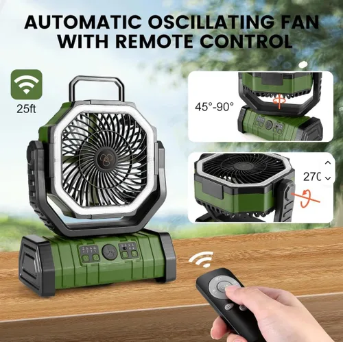 Vista 3 de Ventilador de exterior F6 – ventiladores portátiles personales recargables con luz LED y control remoto – ventilador de viaje plegable (verde)