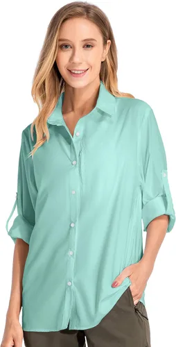 Vista 10 de Camisas de manga larga con protección solar UPF 50 para mujer, de secado rápido, para pesca al aire libre, senderismo, viajes 5019 Azul
