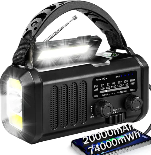 Vista 10 de QAUYYW Radio de emergencia con manivela, radio NOAA AM FM meteorológica portátil con manivela de 37000 mAh solar, con linterna de 3 modos y luz