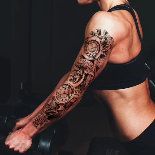 Vista 5 de Kotbs 6 hojas de mangas temporales de tatuaje de flores grandes para mujer, diseño realista de reloj y rosa, tatuajes de manga falsa para cosplay