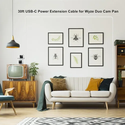 Vista 3 de Cable de extensión de alimentación USB C de 30 pies para cámara de seguridad WYZE Duo Cam Pan 2025 Cable de carga plano de 29.5 ft de largo
