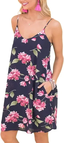 Vista 2 de Vestido de verano sexy con estampado floral acampanado y tirantes delgados para mujer, holgado, tropical, corto, vestido de playa