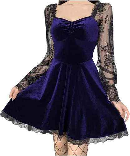 Vista 4 de Vestido gótico de Lolita punk para mujer, de terciopelo, manga larga, estilo grunge, vintage, drapeado, entallado, cóctel, club, fiesta, punk