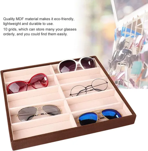 Vista 2 de Cyrank Caja de 10 rejillas para lentes de sol, organizador de lentes de sol, bandeja de almacenamiento para lentes de sol, organizador de terciopelo